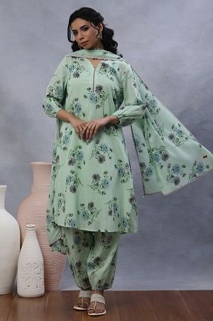 W for Woman Green Floral Printed A-Line Kurta, Gathered Pants And Dupatta Set