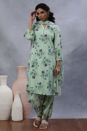 W for Woman Green Floral Printed A-Line Kurta, Gathered Pants And Dupatta Set