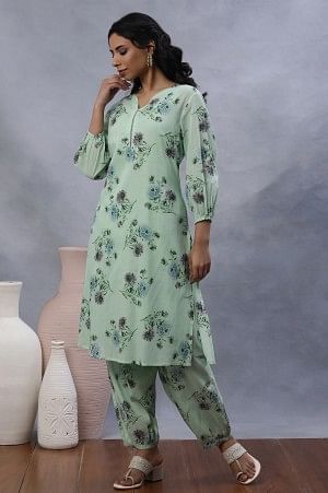 W for Woman Green Floral Printed A-Line Kurta, Gathered Pants And Dupatta Set