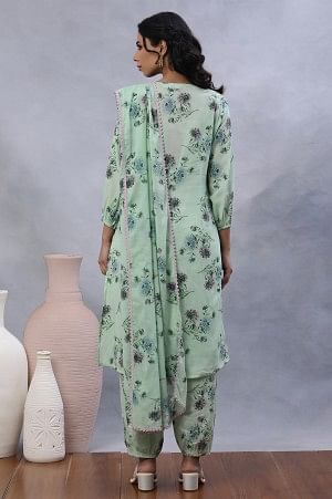 W for Woman Green Floral Printed A-Line Kurta, Gathered Pants And Dupatta Set