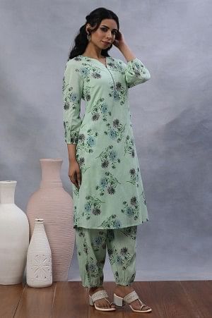 W for Woman Green Floral Printed A-Line Kurta, Gathered Pants And Dupatta Set