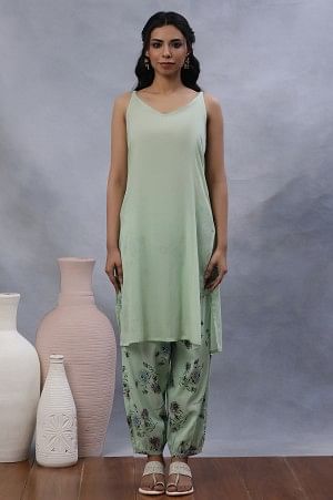 W for Woman Green Floral Printed A-Line Kurta, Gathered Pants And Dupatta Set