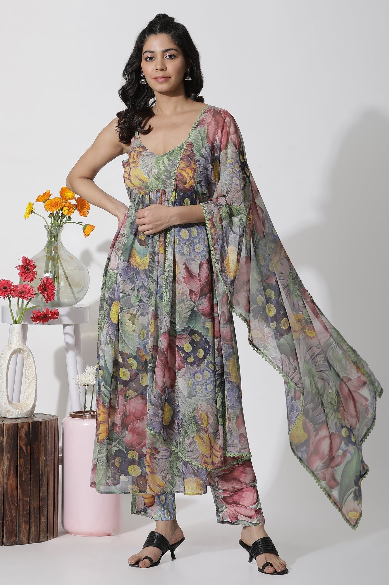 W for Woman Multi-Coloured Floral Printed Gathered Kurta, Pants And Dupatta Set