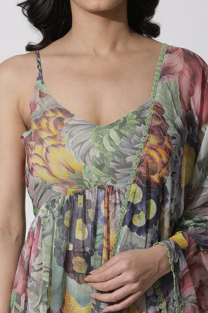 W for Woman Multi-Coloured Floral Printed Gathered Kurta, Pants And Dupatta Set