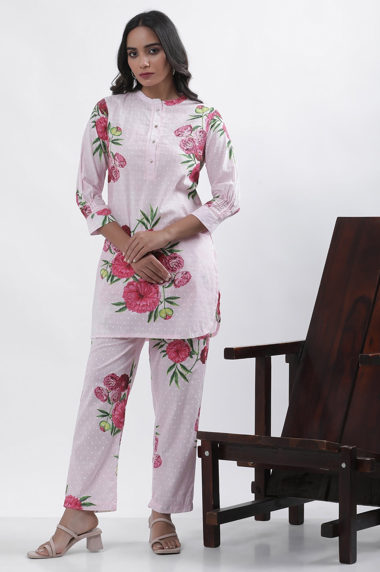 W for Woman Pink Bold Floral Printed A-Line Short Kurta And Pants Set