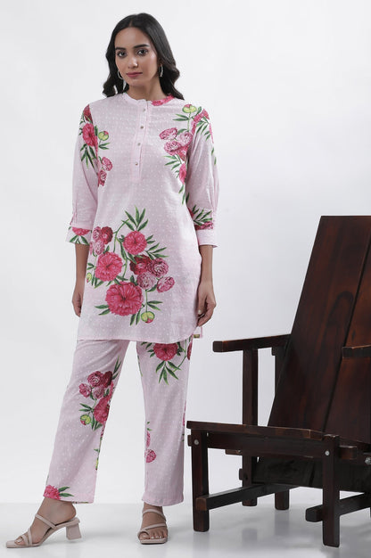 W for Woman Pink Bold Floral Printed A-Line Short Kurta And Pants Set