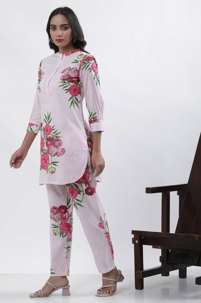 W for Woman Pink Bold Floral Printed A-Line Short Kurta And Pants Set