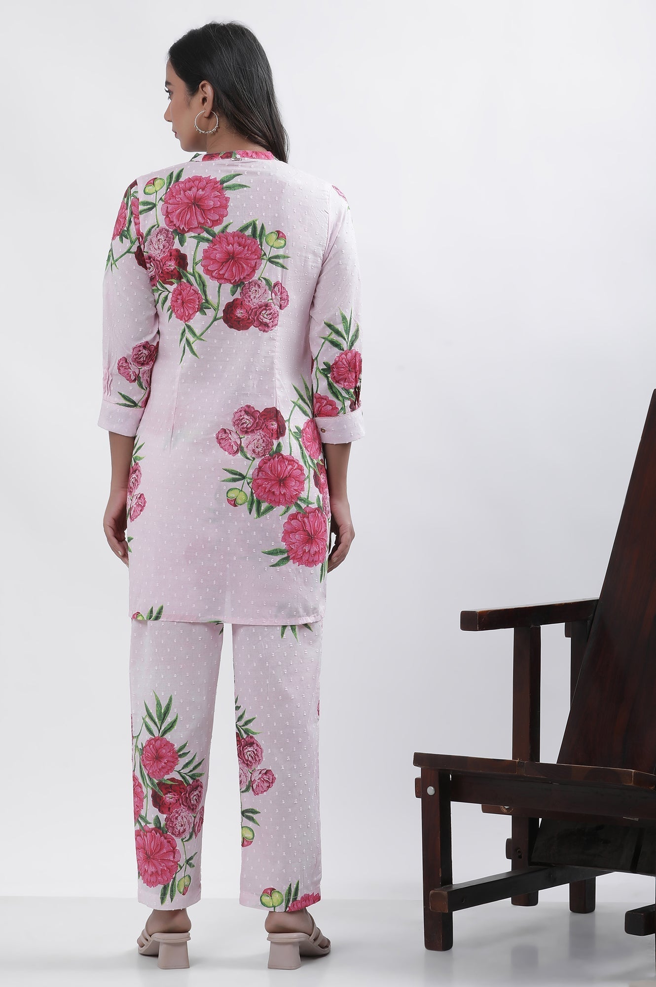 W for Woman Pink Bold Floral Printed A-Line Short Kurta And Pants Set