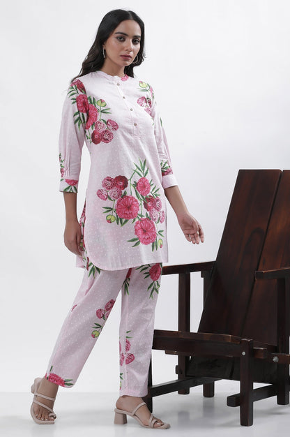 W for Woman Pink Bold Floral Printed A-Line Short Kurta And Pants Set
