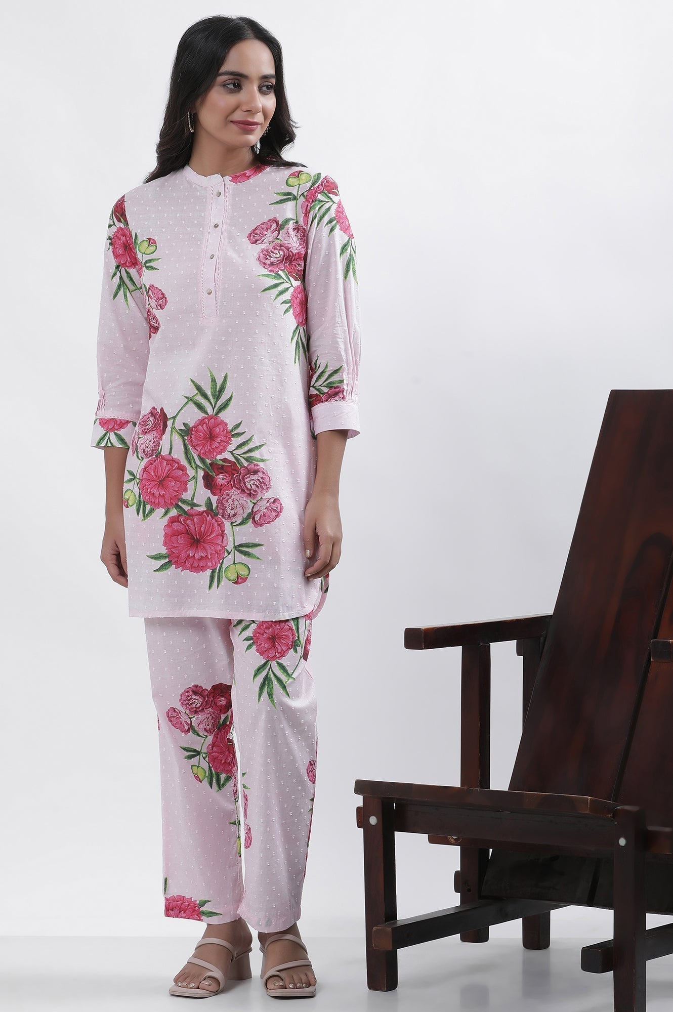 W for Woman Pink Bold Floral Printed A-Line Short Kurta And Pants Set