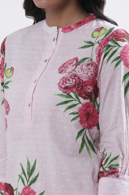 W for Woman Pink Bold Floral Printed A-Line Short Kurta And Pants Set