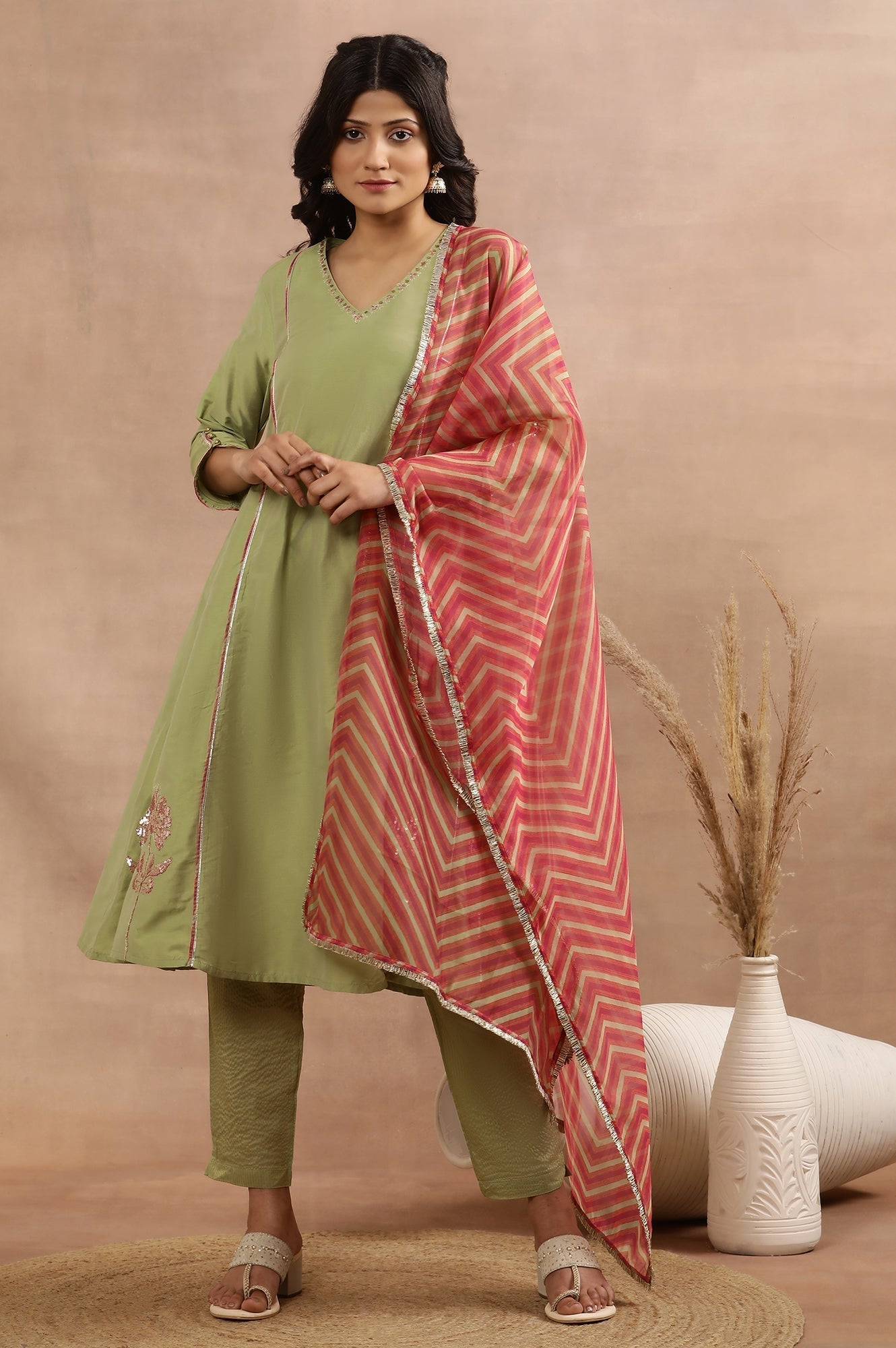 W for Woman Sage Green Zari Embroidered Flared Kurta, Pants And Dupatta Set