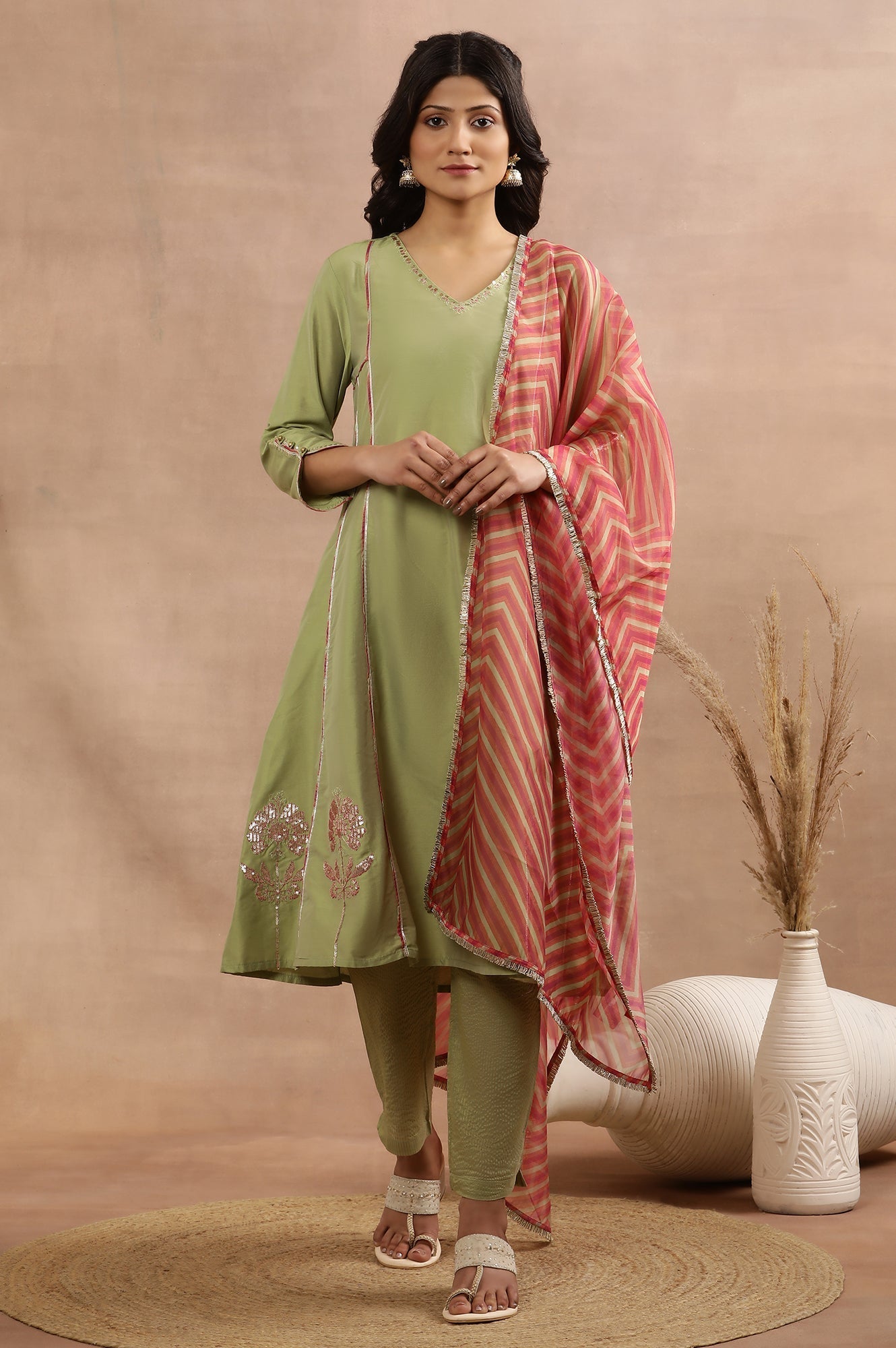 W for Woman Sage Green Zari Embroidered Flared Kurta, Pants And Dupatta Set