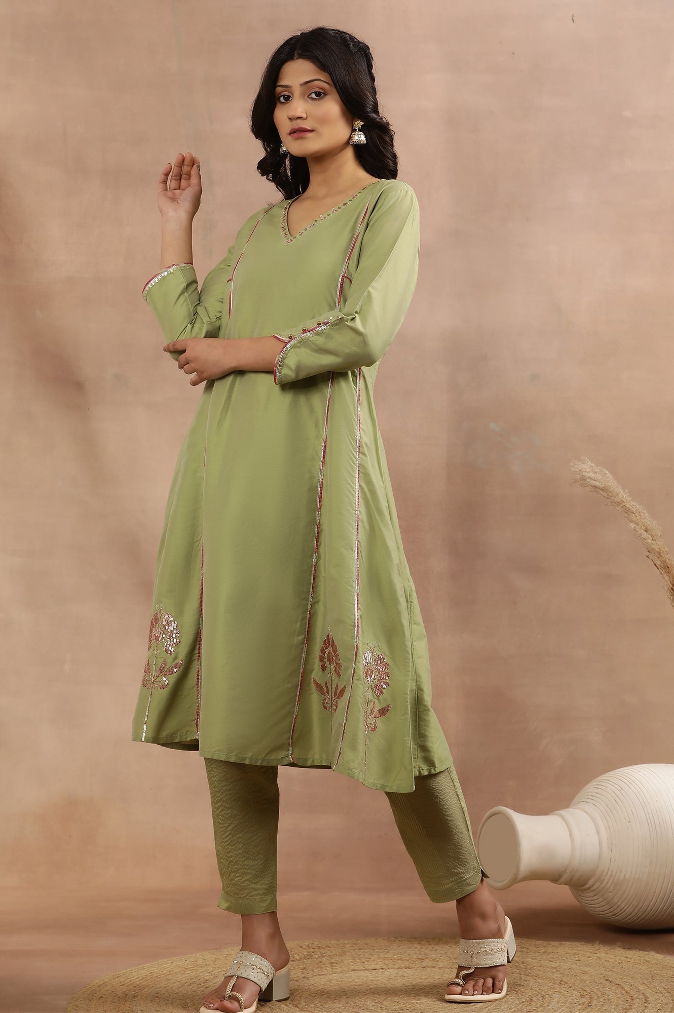 W for Woman Sage Green Zari Embroidered Flared Kurta, Pants And Dupatta Set