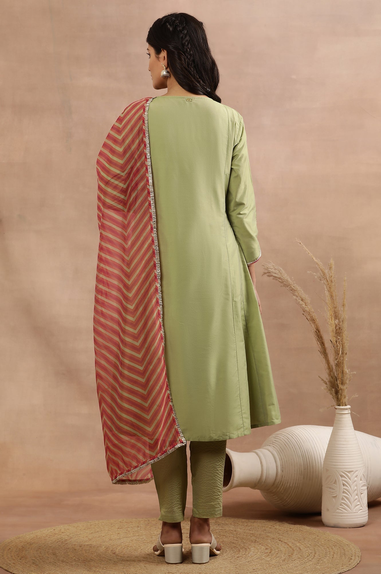 W for Woman Sage Green Zari Embroidered Flared Kurta, Pants And Dupatta Set