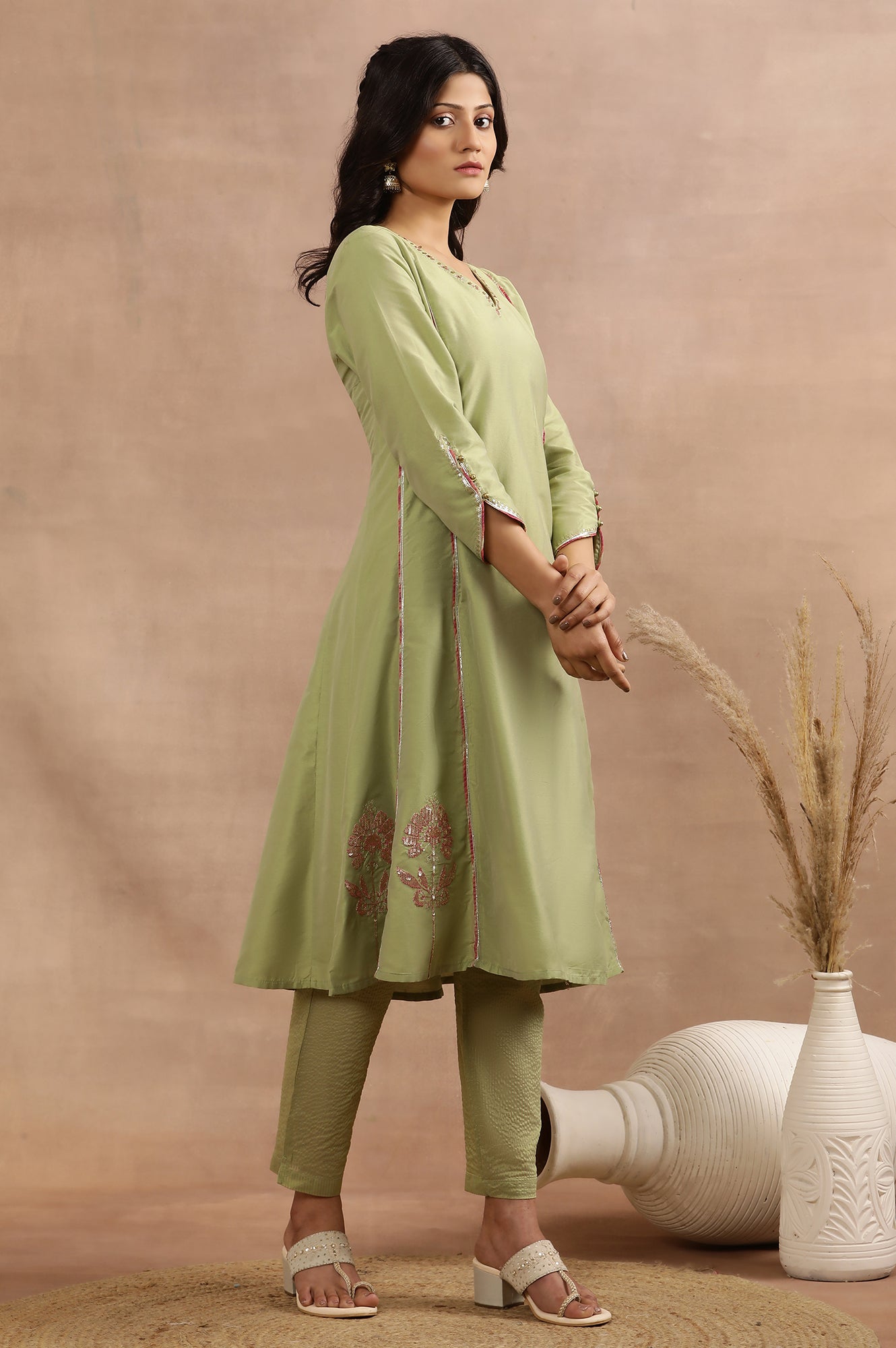 W for Woman Sage Green Zari Embroidered Flared Kurta, Pants And Dupatta Set