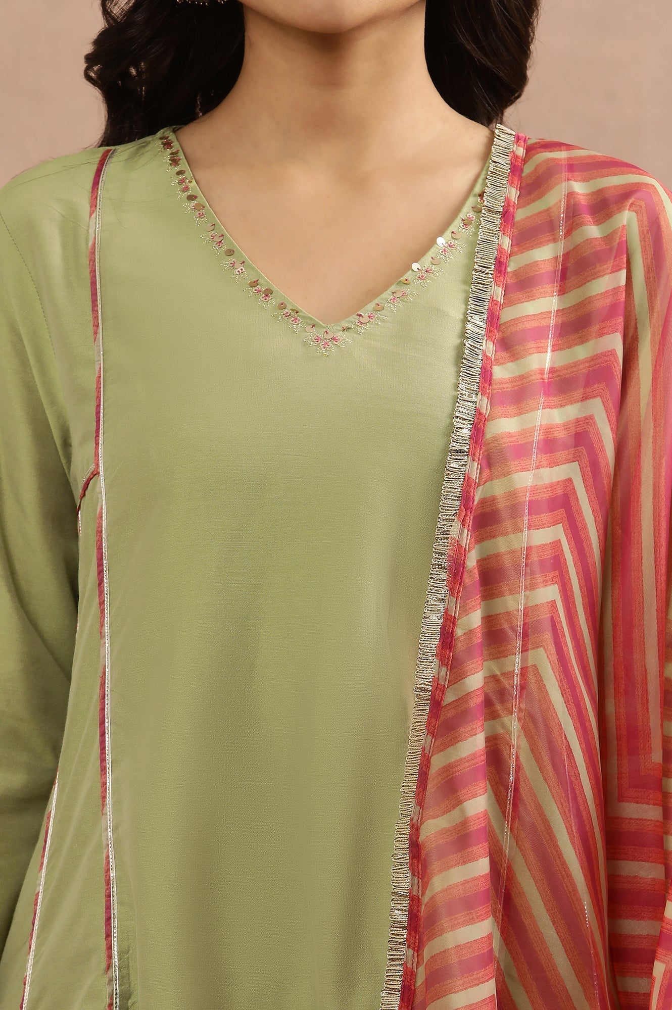 W for Woman Sage Green Zari Embroidered Flared Kurta, Pants And Dupatta Set