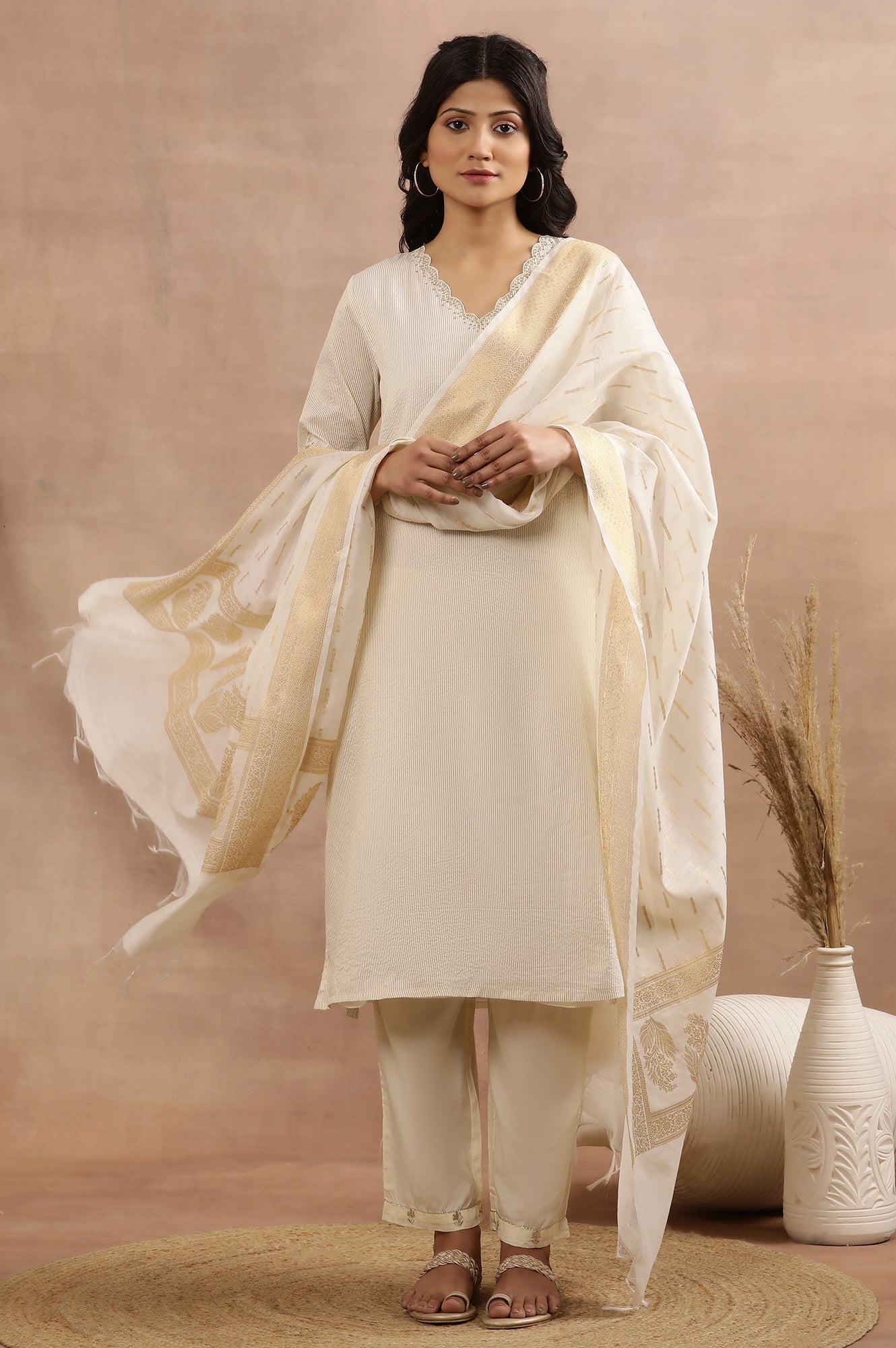 W for Woman White A-Line Chanderi Kurta, Pants And Dupatta Set