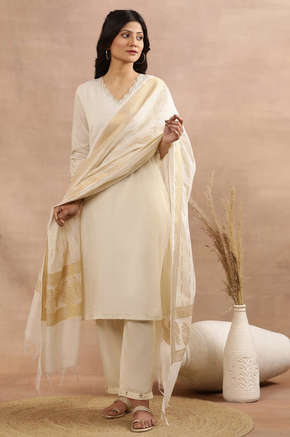 W for Woman White A-Line Chanderi Kurta, Pants And Dupatta Set