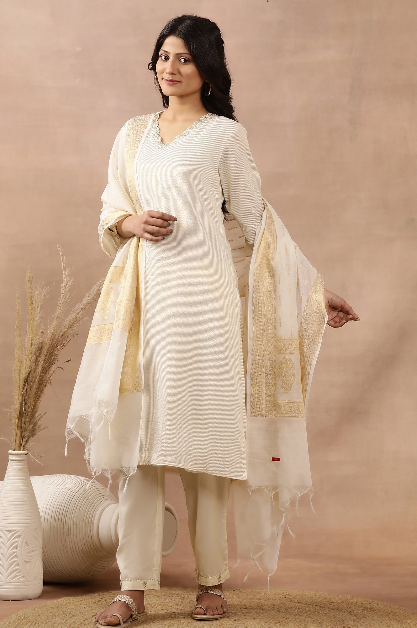 W for Woman White A-Line Chanderi Kurta, Pants And Dupatta Set