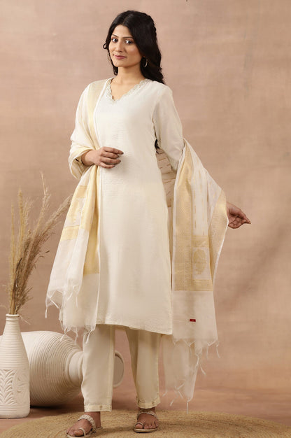 W for Woman White A-Line Chanderi Kurta, Pants And Dupatta Set