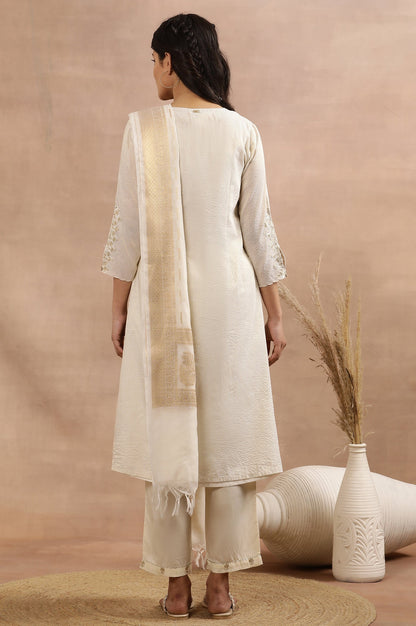 W for Woman White A-Line Chanderi Kurta, Pants And Dupatta Set