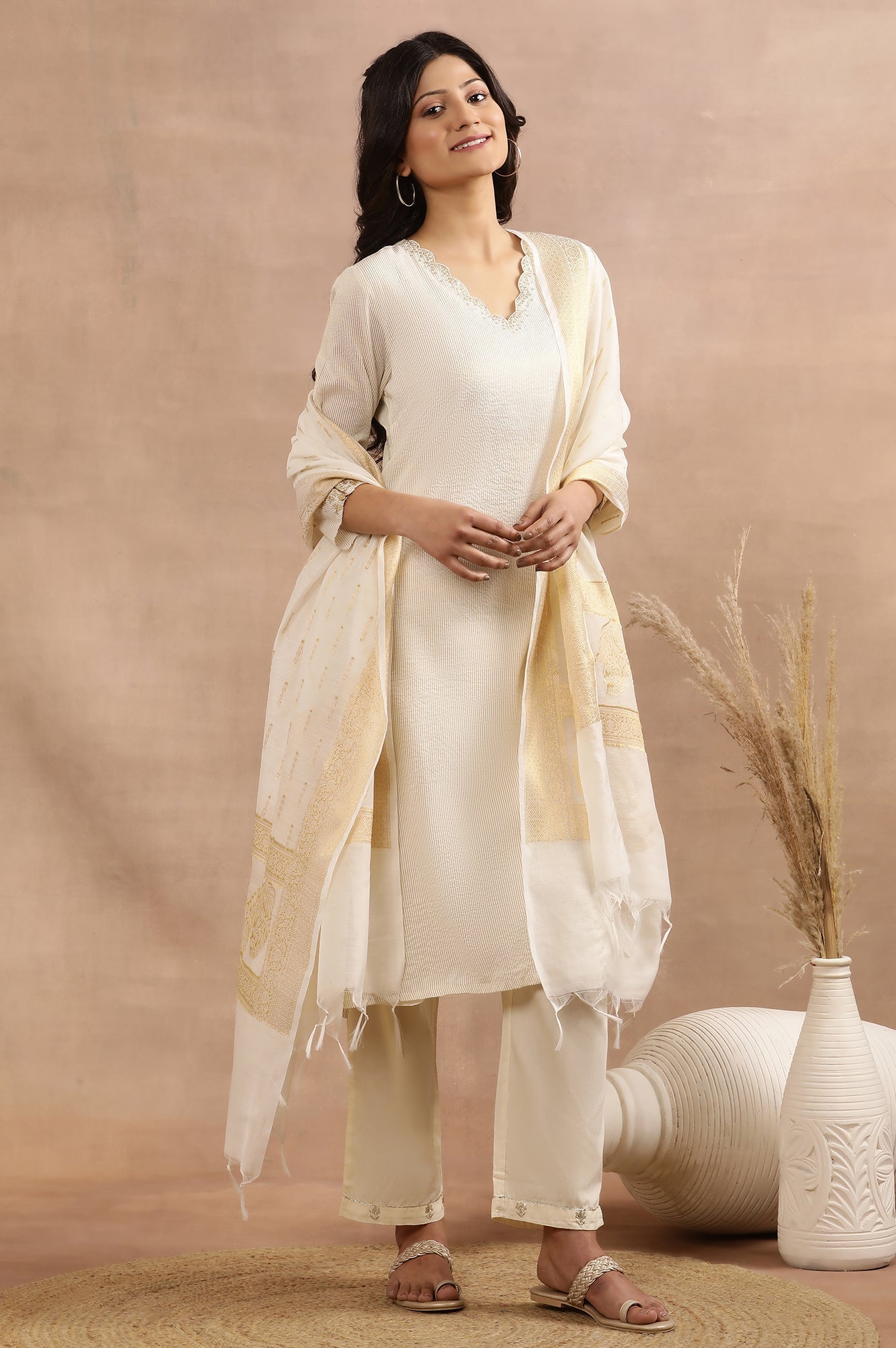 W for Woman White A-Line Chanderi Kurta, Pants And Dupatta Set