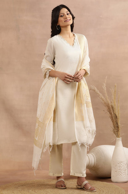 W for Woman White A-Line Chanderi Kurta, Pants And Dupatta Set