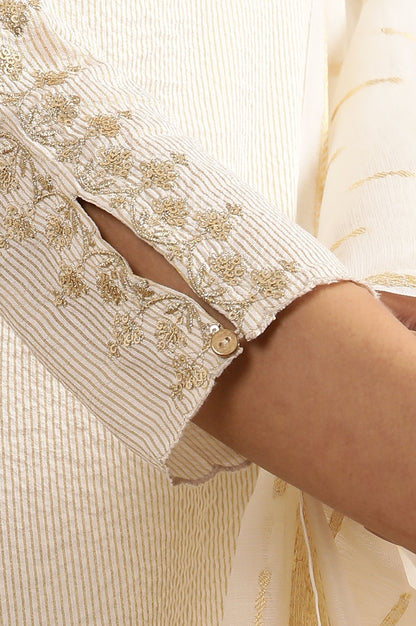 W for Woman White A-Line Chanderi Kurta, Pants And Dupatta Set