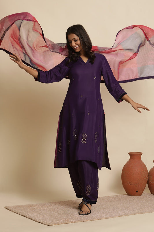 W for Woman Purple Sequined Kurta, Salwar And Dupatta Set