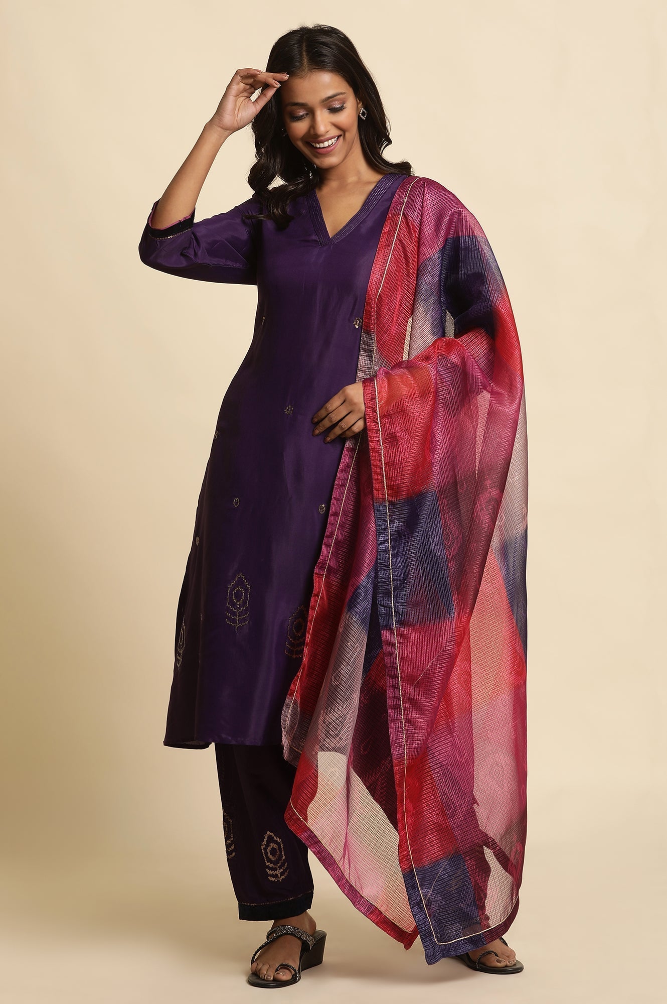 W for Woman Purple Sequined Kurta, Salwar And Dupatta Set