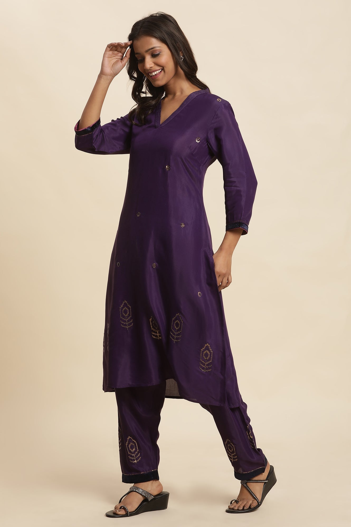 W for Woman Purple Sequined Kurta, Salwar And Dupatta Set