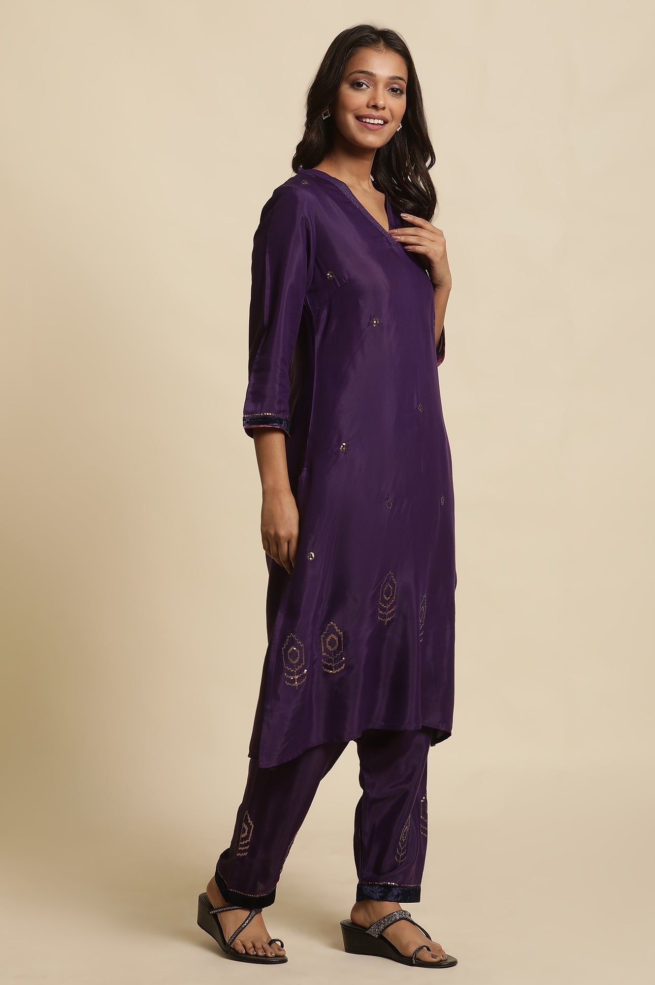 W for Woman Purple Sequined Kurta, Salwar And Dupatta Set