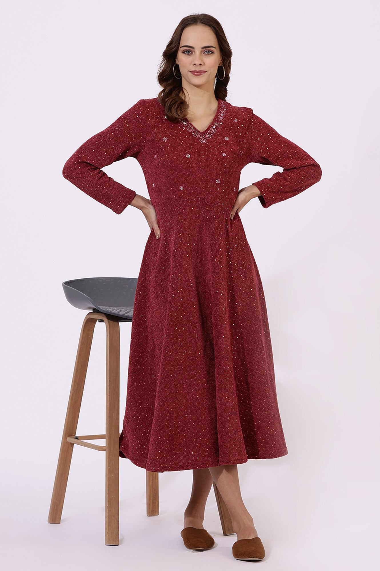 W for Woman Maroon Solid Sequins Flarred Dresses