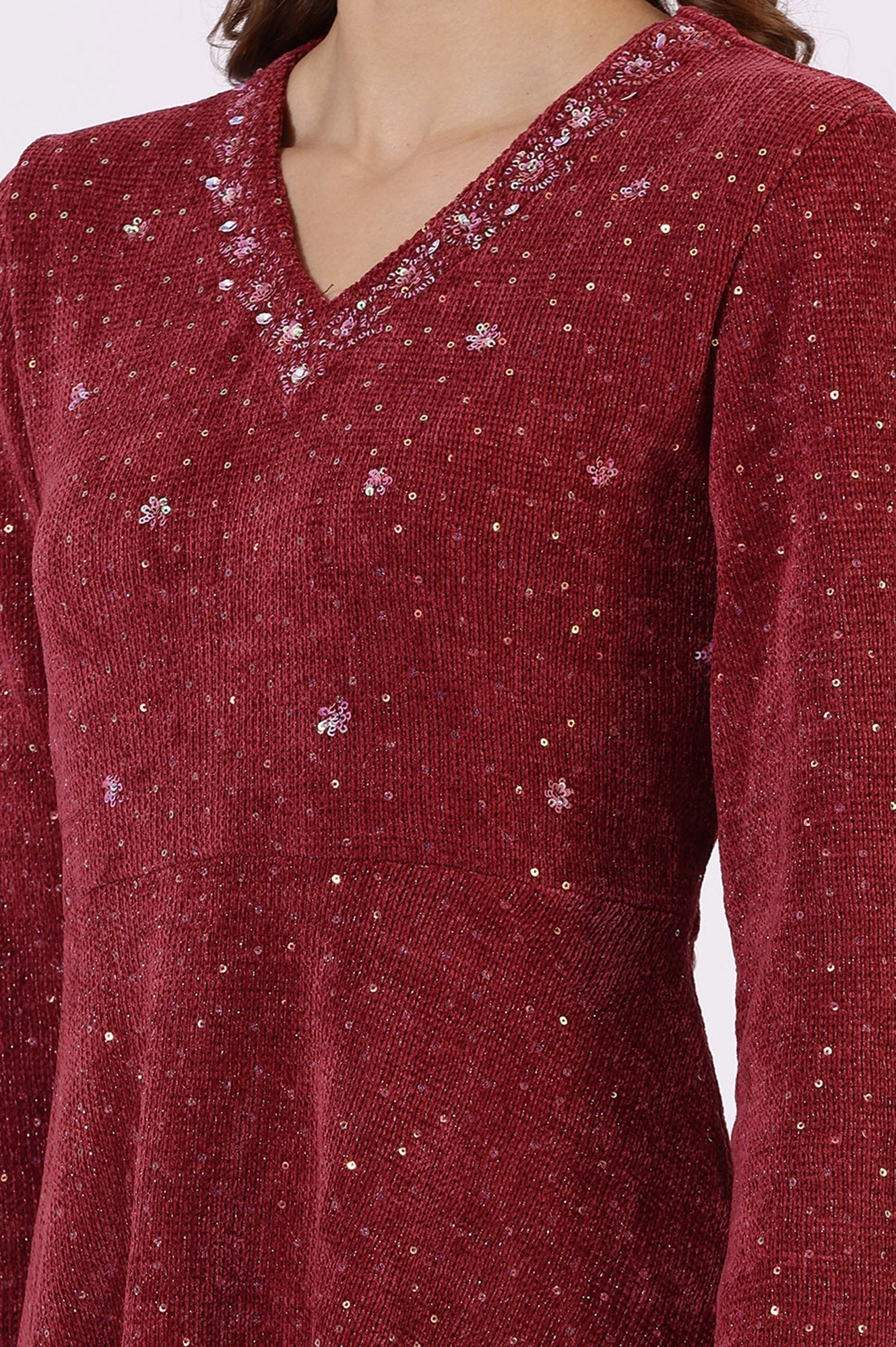 W for Woman Maroon Solid Sequins Flarred Dresses