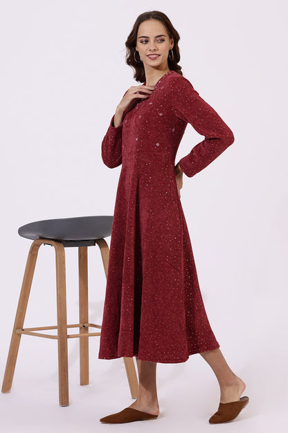 W for Woman Maroon Solid Sequins Flarred Dresses