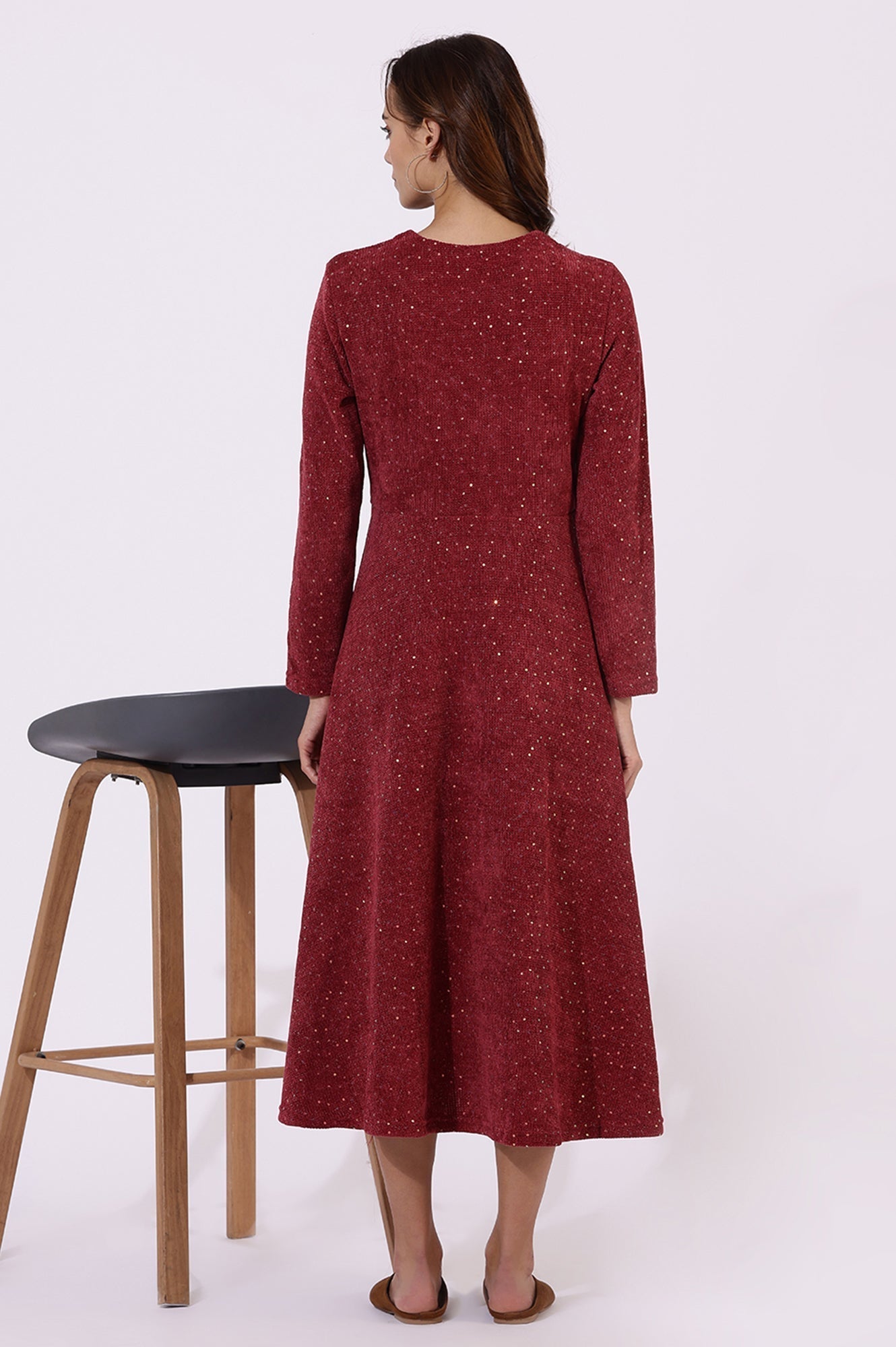 W for Woman Maroon Solid Sequins Flarred Dresses