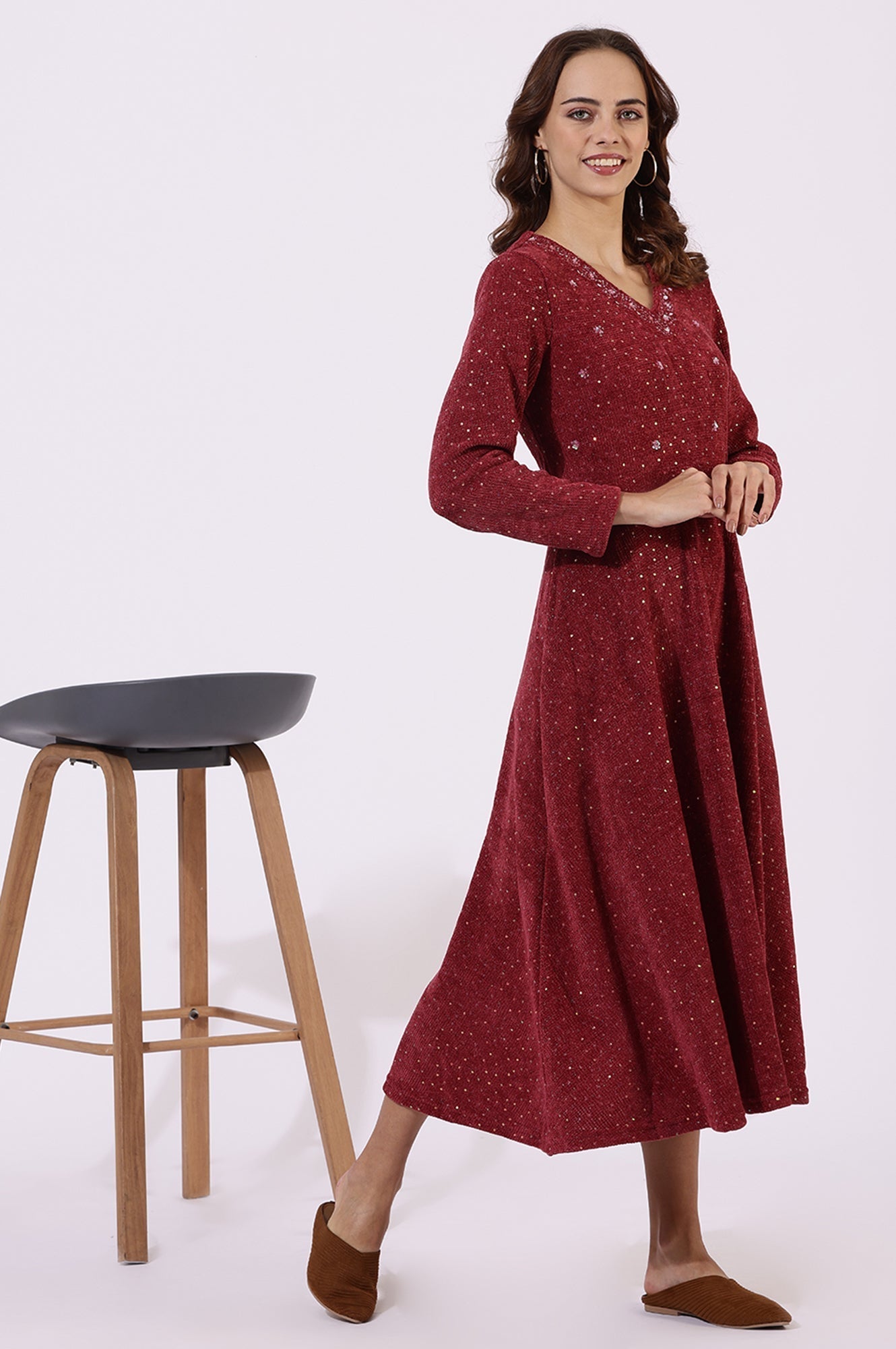 W for Woman Maroon Solid Sequins Flarred Dresses