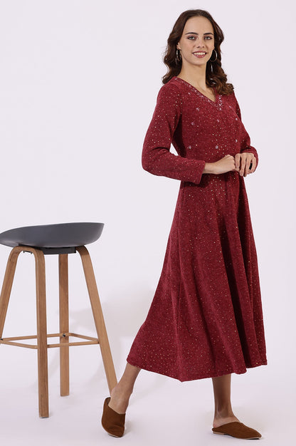 W for Woman Maroon Solid Sequins Flarred Dresses