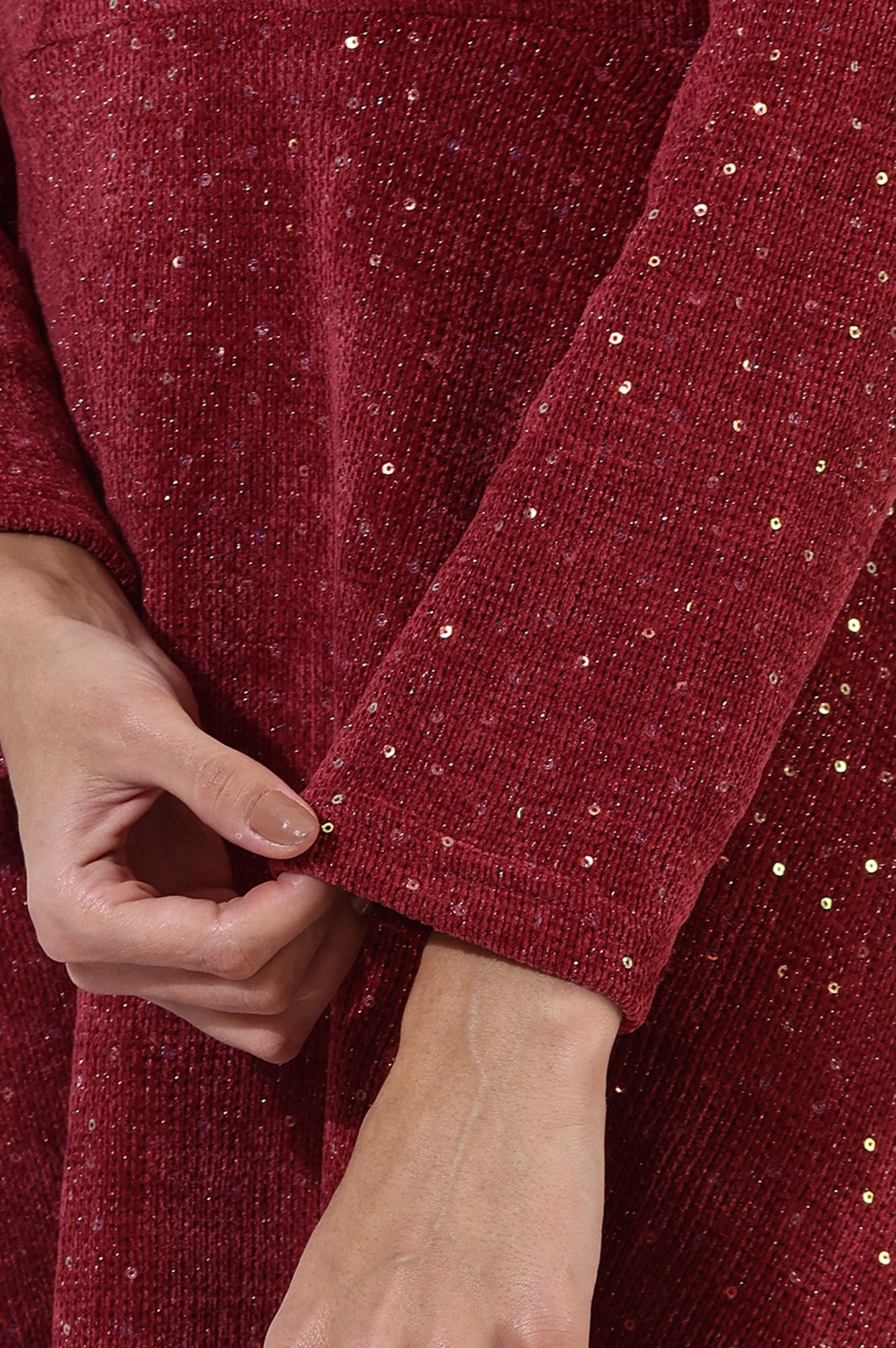 W for Woman Maroon Solid Sequins Flarred Dresses
