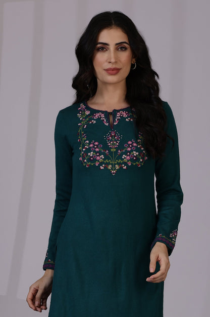 W for Woman Blue Embroidered Thread Work Acrylic Straight Kurta