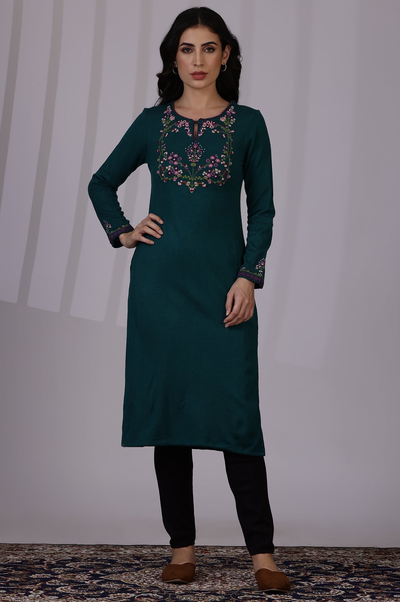 W for Woman Blue Embroidered Thread Work Acrylic Straight Kurta