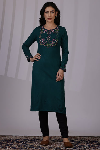 W for Woman Blue Embroidered Thread Work Acrylic Straight Kurta