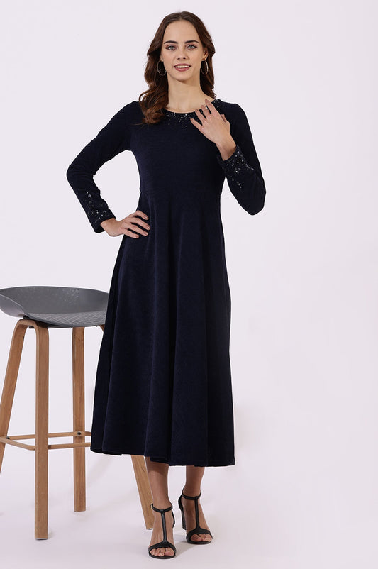 W for Woman Blue Embroidered Sequins Flarred Dresses