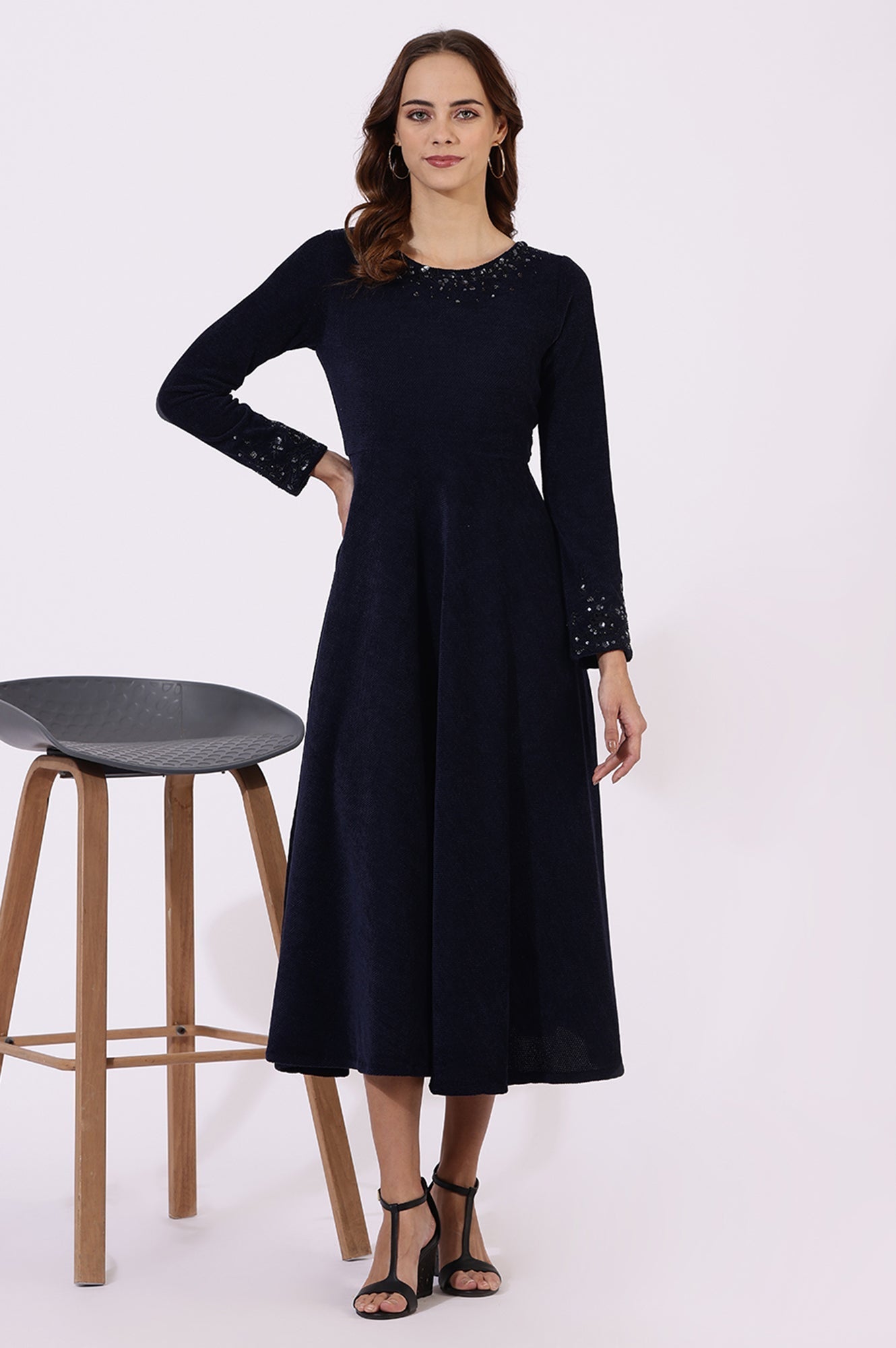 W for Woman Blue Embroidered Sequins Flarred Dresses