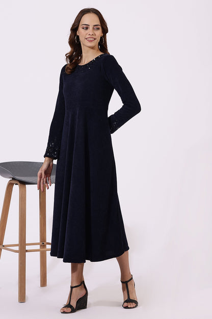 W for Woman Blue Embroidered Sequins Flarred Dresses
