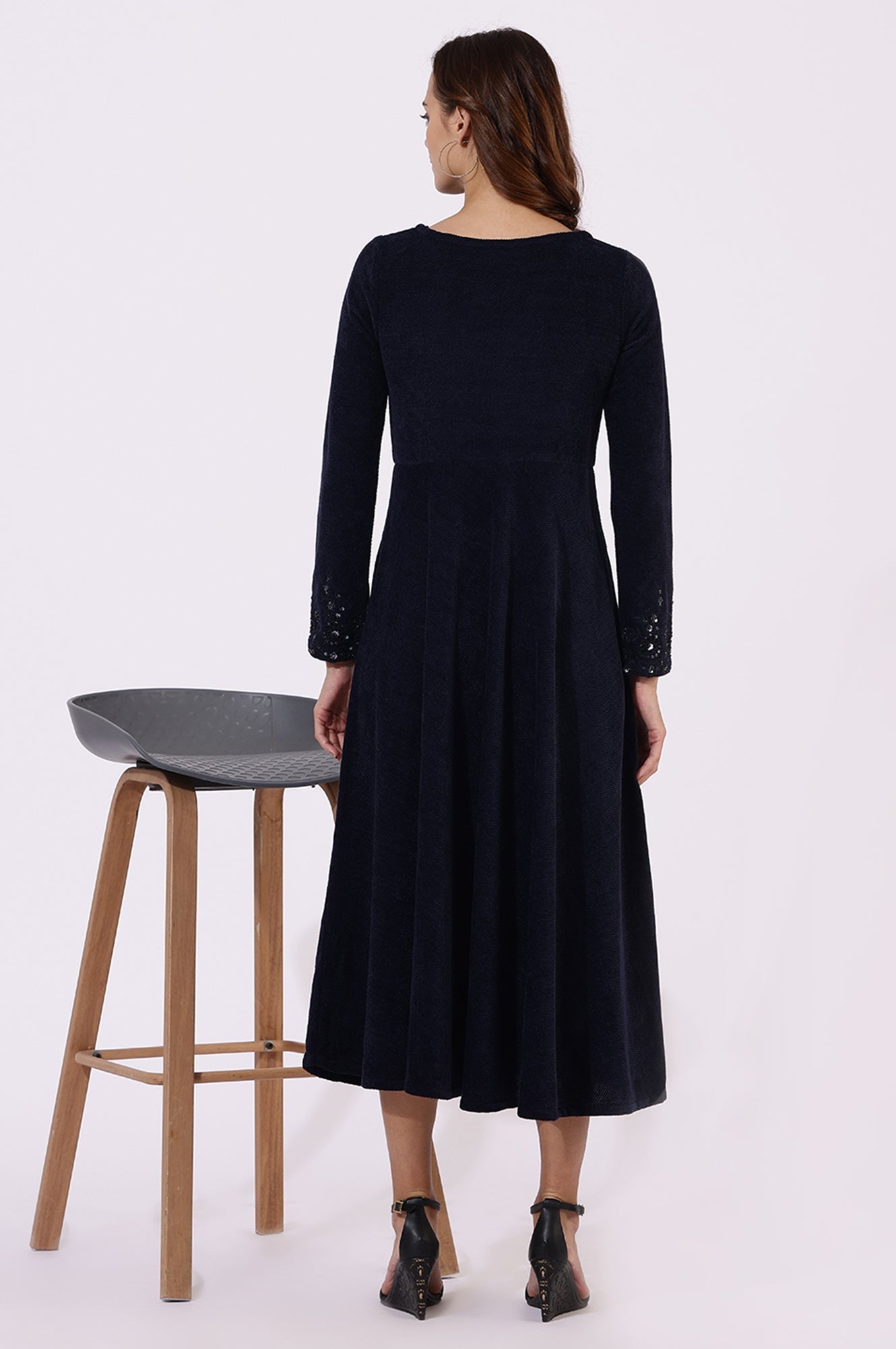 W for Woman Blue Embroidered Sequins Flarred Dresses