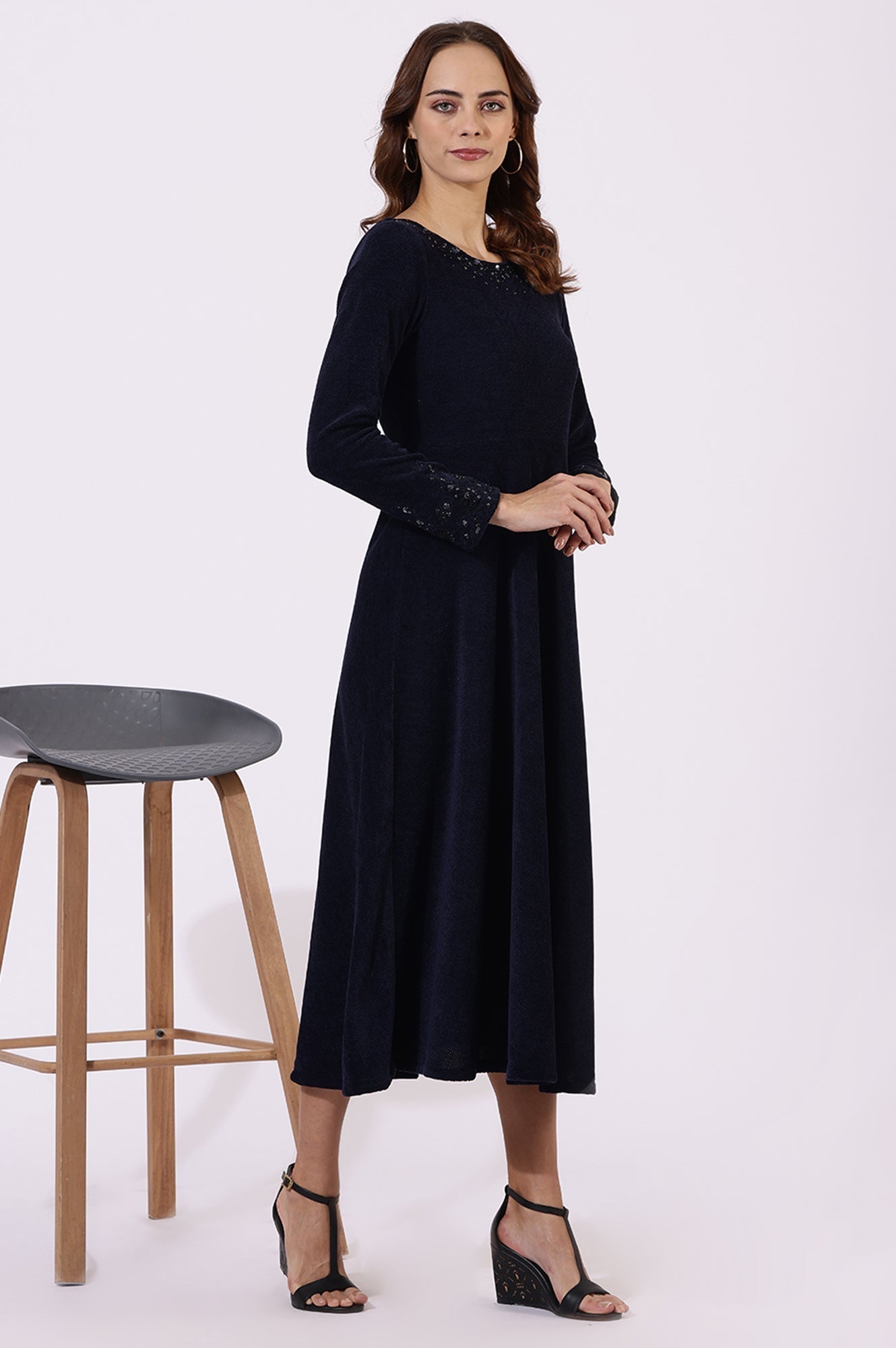 W for Woman Blue Embroidered Sequins Flarred Dresses