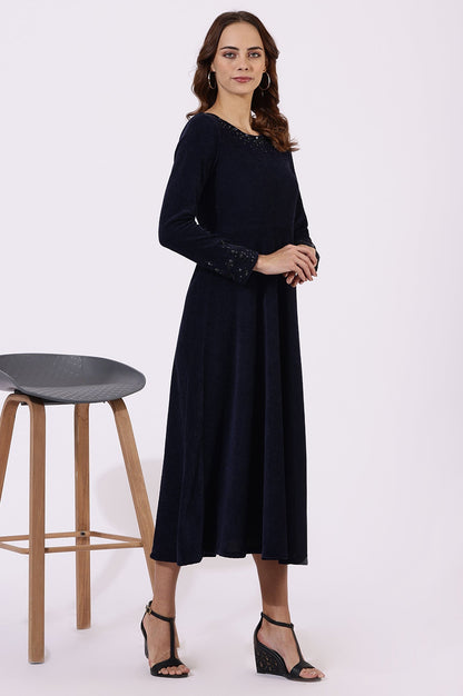 W for Woman Blue Embroidered Sequins Flarred Dresses