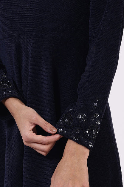 W for Woman Blue Embroidered Sequins Flarred Dresses